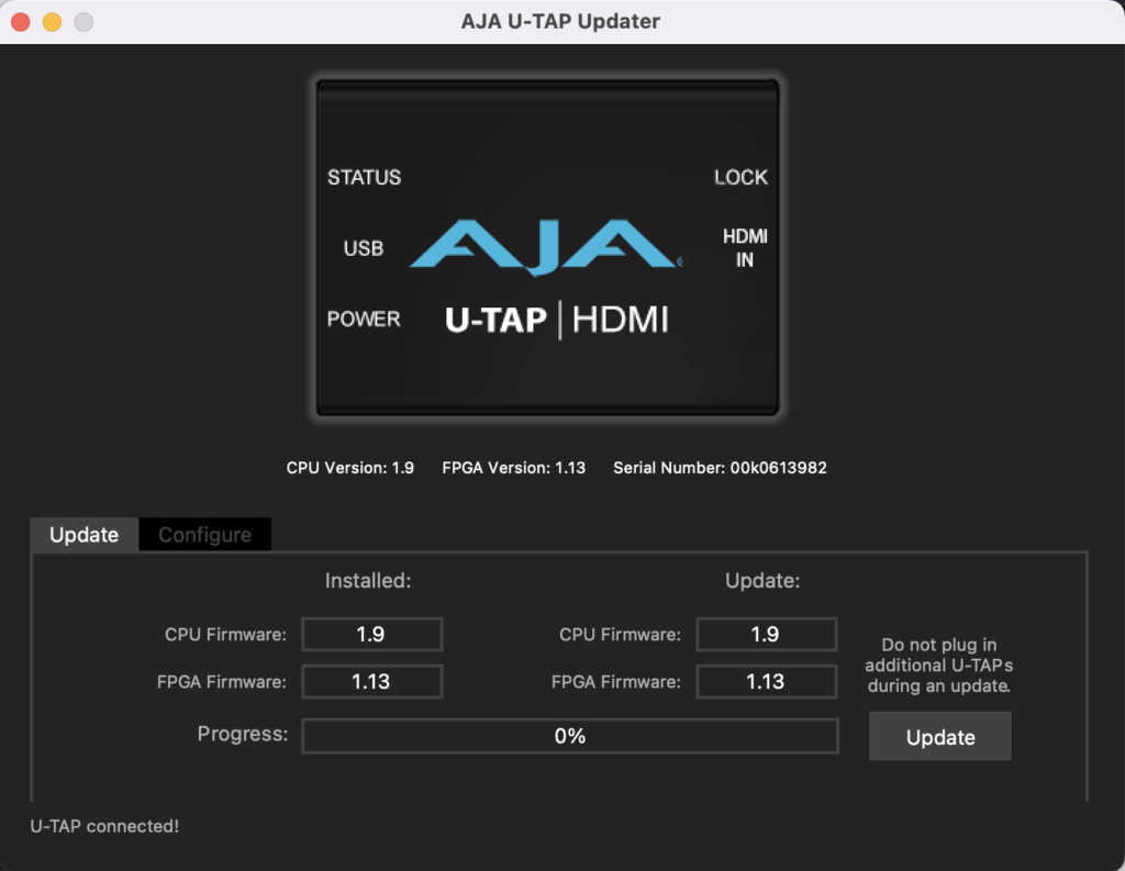 Aja U-Tap update screen
