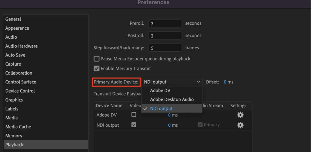 premiere ndi audio settings to stream your timeline