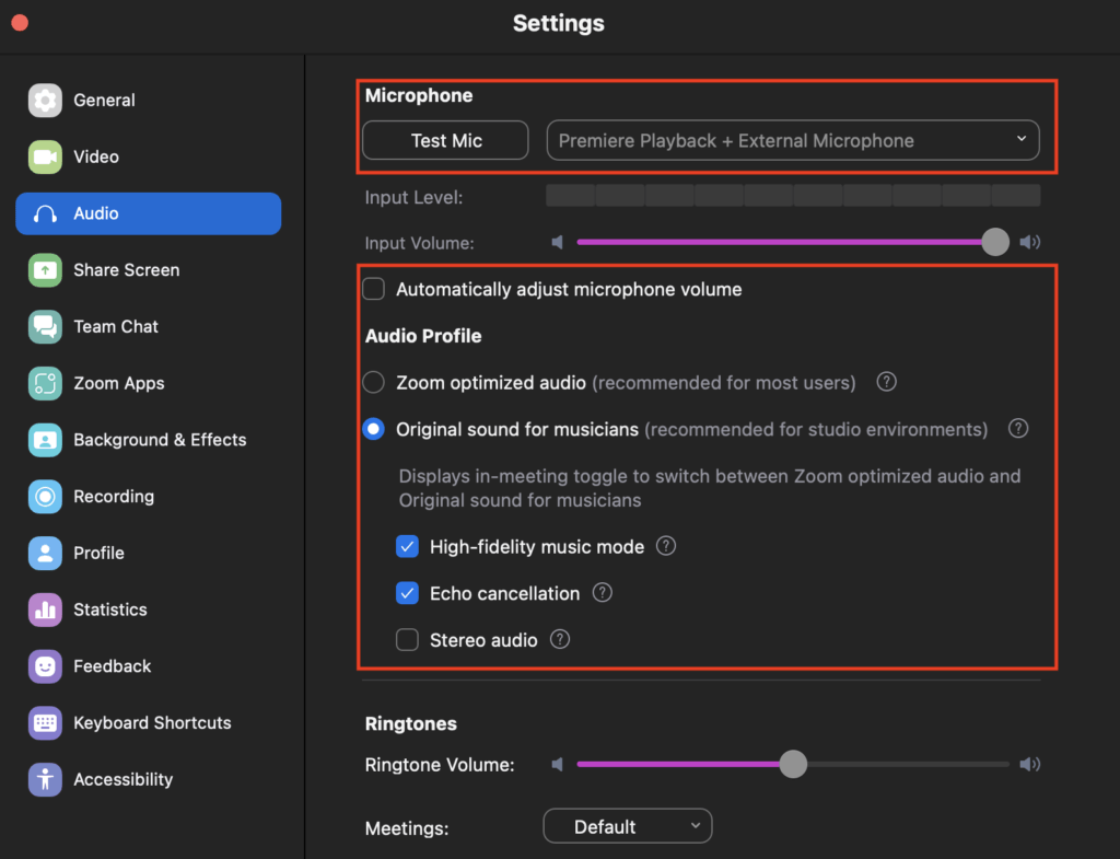 audio settings to stream your timeline
