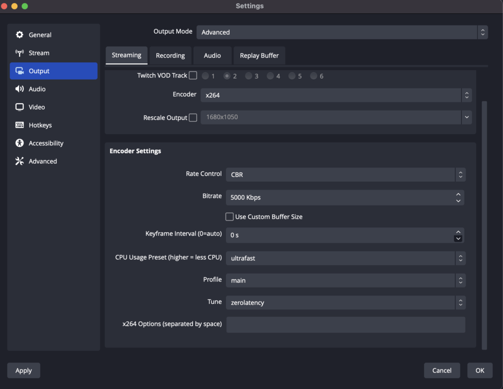 output settings to stream your timeline